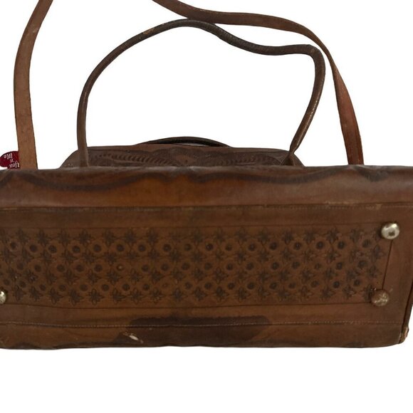 Rare Western Vintage1970 Mexican Tooled Brown Leather Shoulder Bag Tote … - Picture 5 of 11